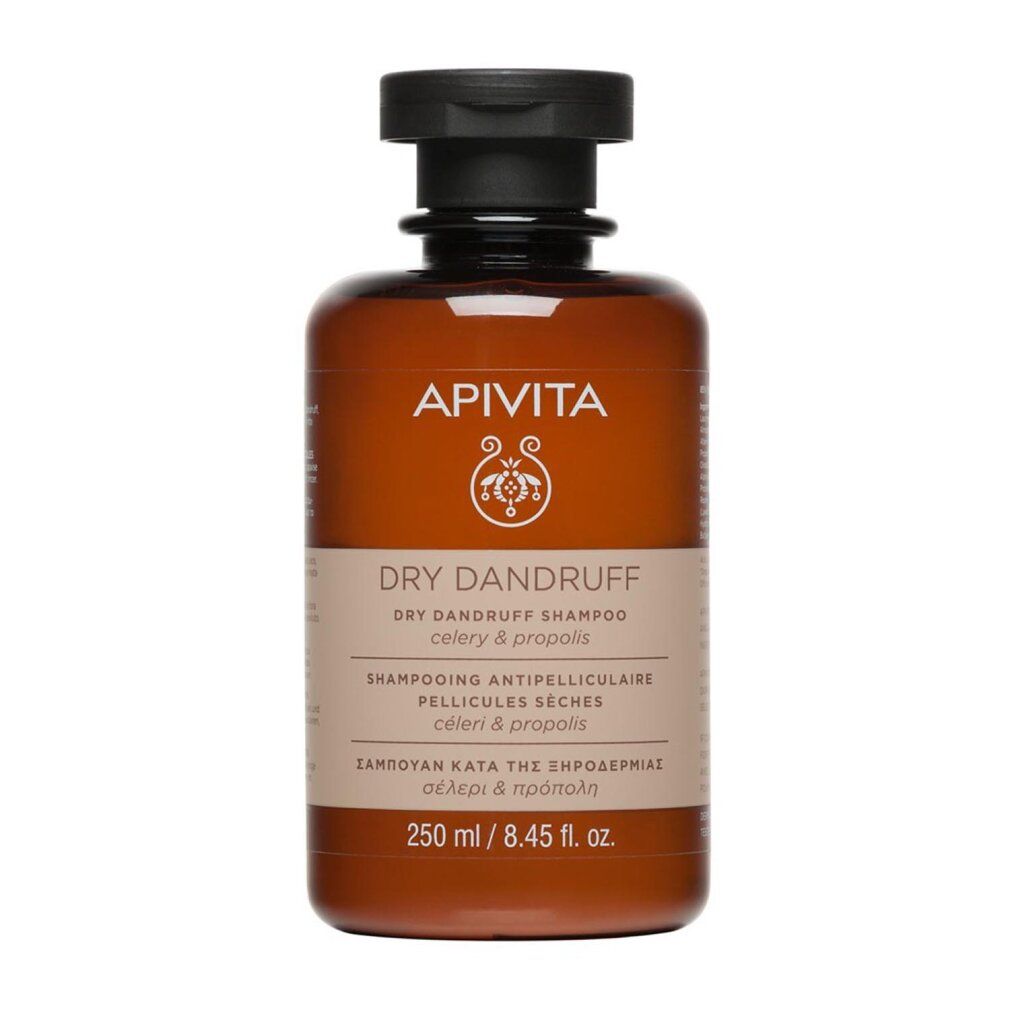 Braune Flasche mit schwarzem Deckel. Aufschrift: APIVITA, DRY DANDRUFF, 250 ml.