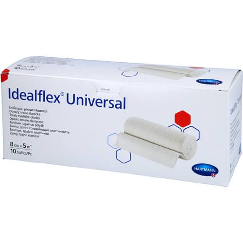 Verpackung von Idealflex Universal. Weiße Box mit Produktabbildung und Text. Enthält 10 Stück, 8cm x 5m.