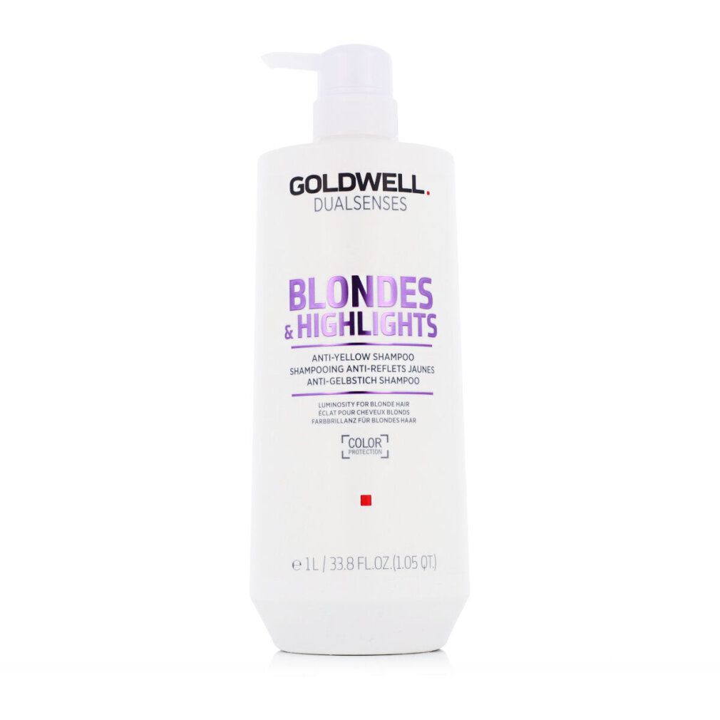 Goldwell Dualsenses Blondes & Highlights Shampoo. Weiße Flasche mit Pumpe. Text: Anti-Gelbstich Shampoo, 1L.