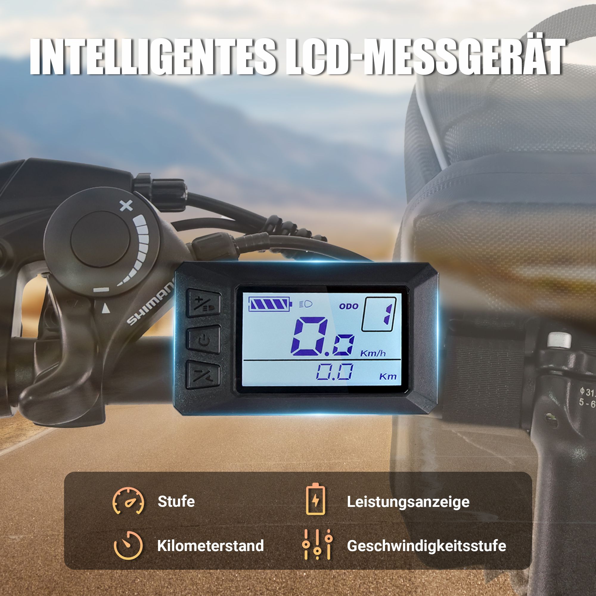 Intelligentes LCD-Messgerät. Geschwindigkeitsanzeige, Kilometerstand, Leistungsanzeige. Shimano-Schalter.