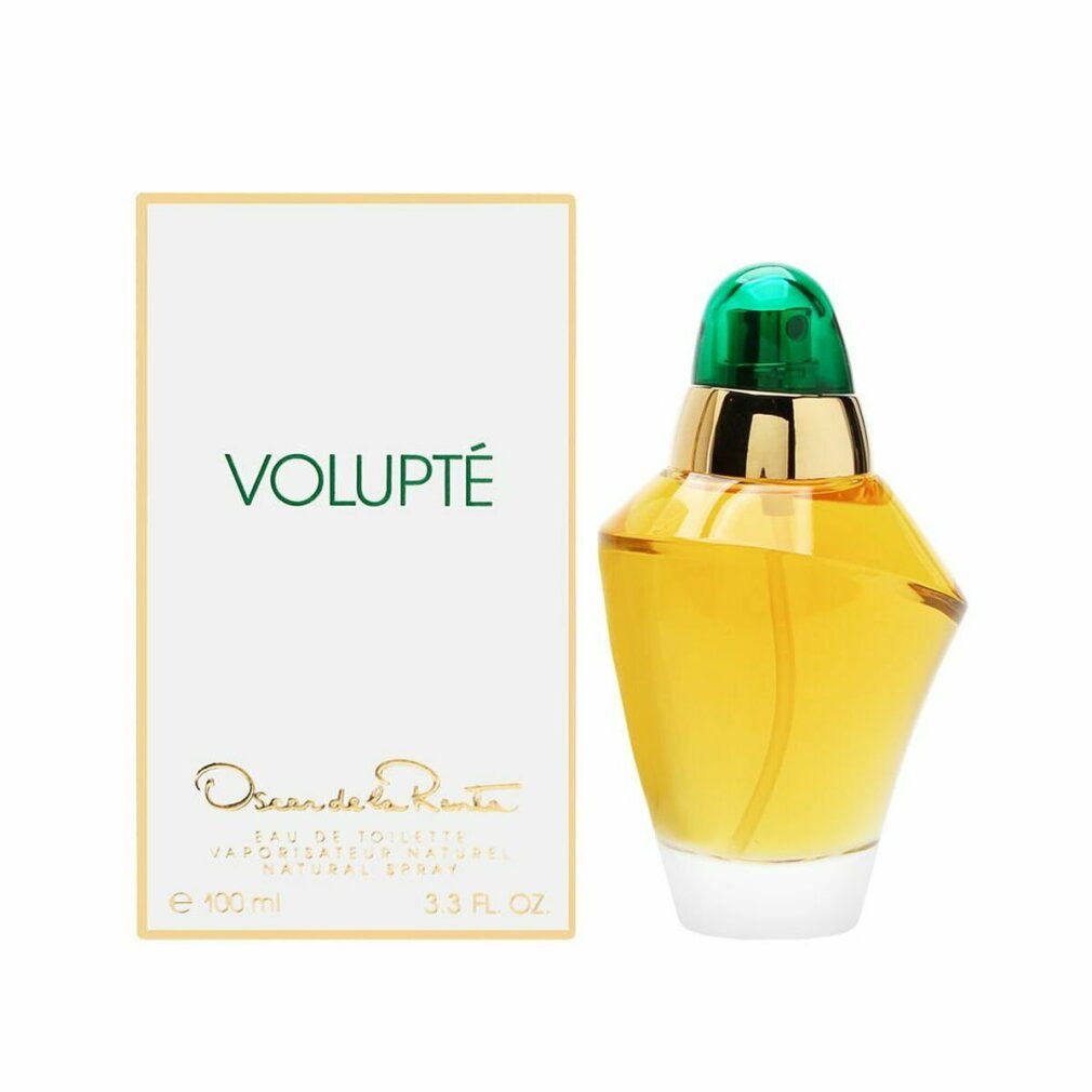 Parfümflakon und Schachtel. Flakon mit gelber Flüssigkeit, grünem Deckel. Schachtel mit "VOLUPTÉ" und "Oscar de la Renta".