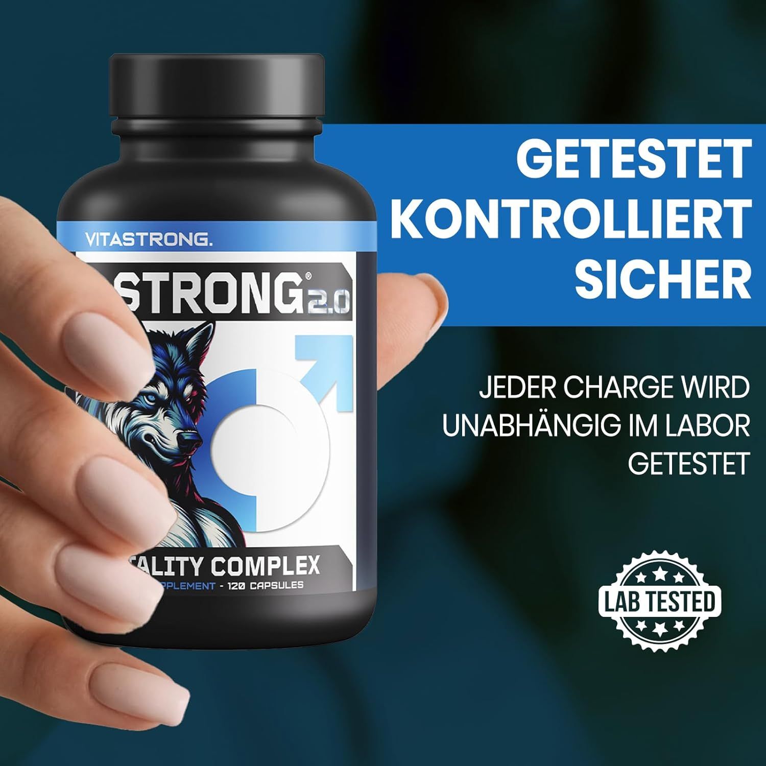 Flasche mit Kapseln. Text: Getestet, kontrolliert, sicher. Laborgeprüft.