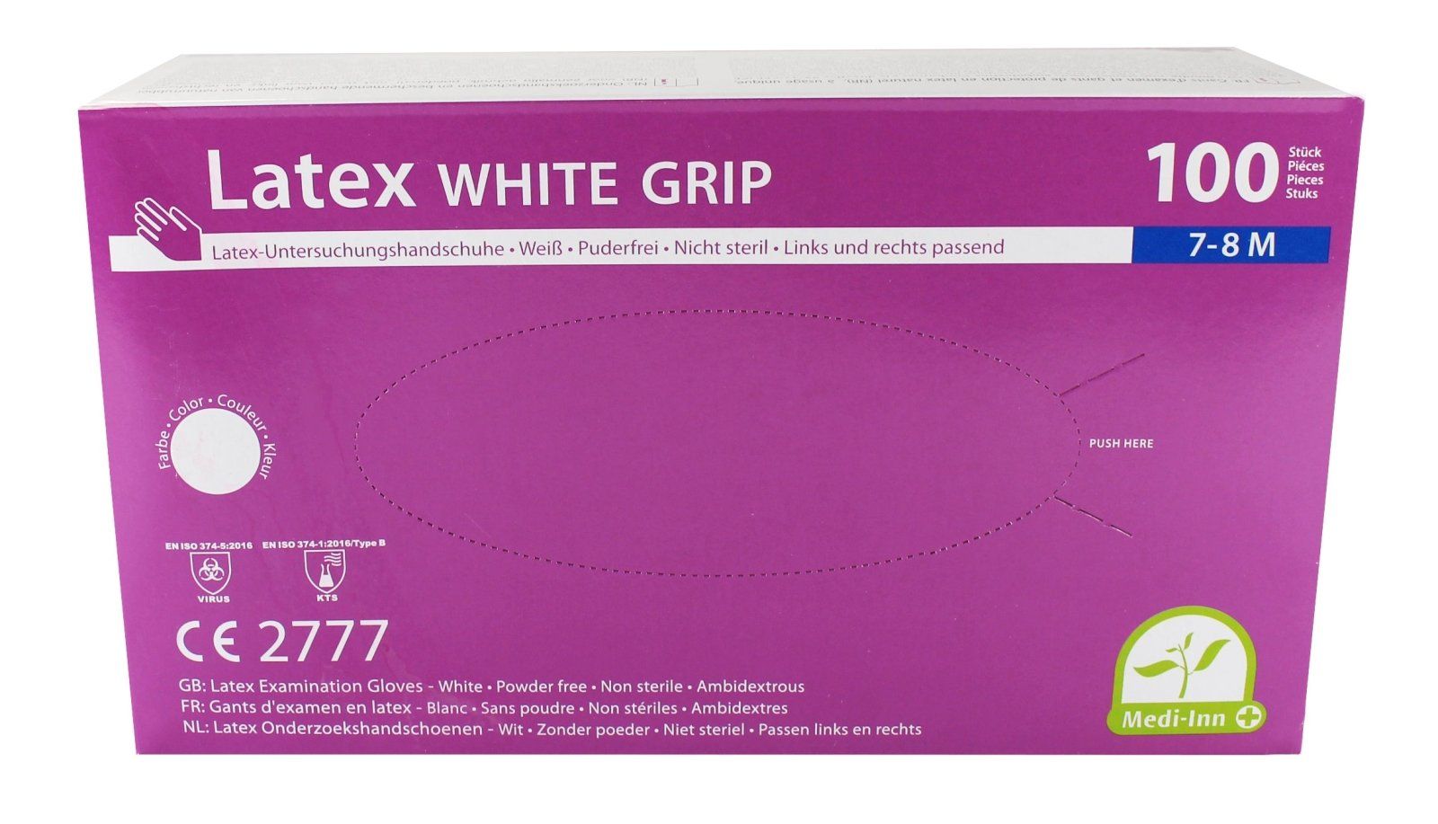 Verpackung für 100 weiße Latex-Untersuchungshandschuhe, puderfrei, steril, Größe 7-8 M.