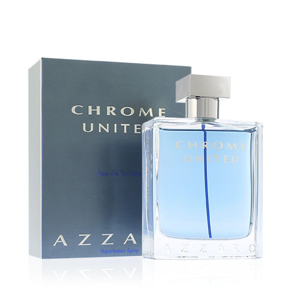 Parfümflakon und Schachtel. Aufschrift: CHROME UNITED, AZZARO. Flakon quadratisch, silberner Deckel. Schachtel grau.