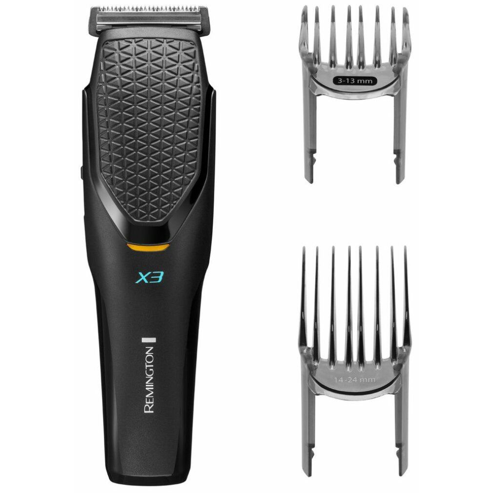 Schwarzer Haarschneider mit X3-Logo und Remington-Schriftzug. Zwei Aufsätze liegen daneben.