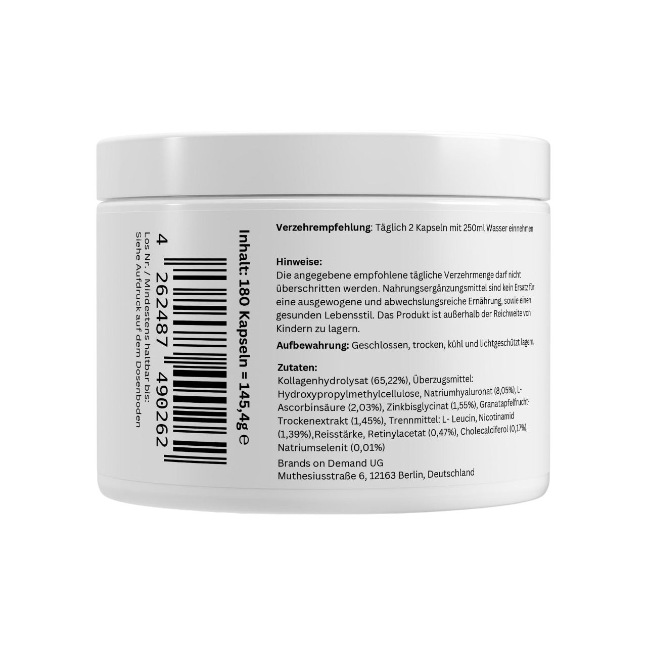 Rückseite des weißen Behälters mit Inhaltsangaben, Verzehrempfehlung und Herstellerinformationen. Enthält 180 Kapseln.
