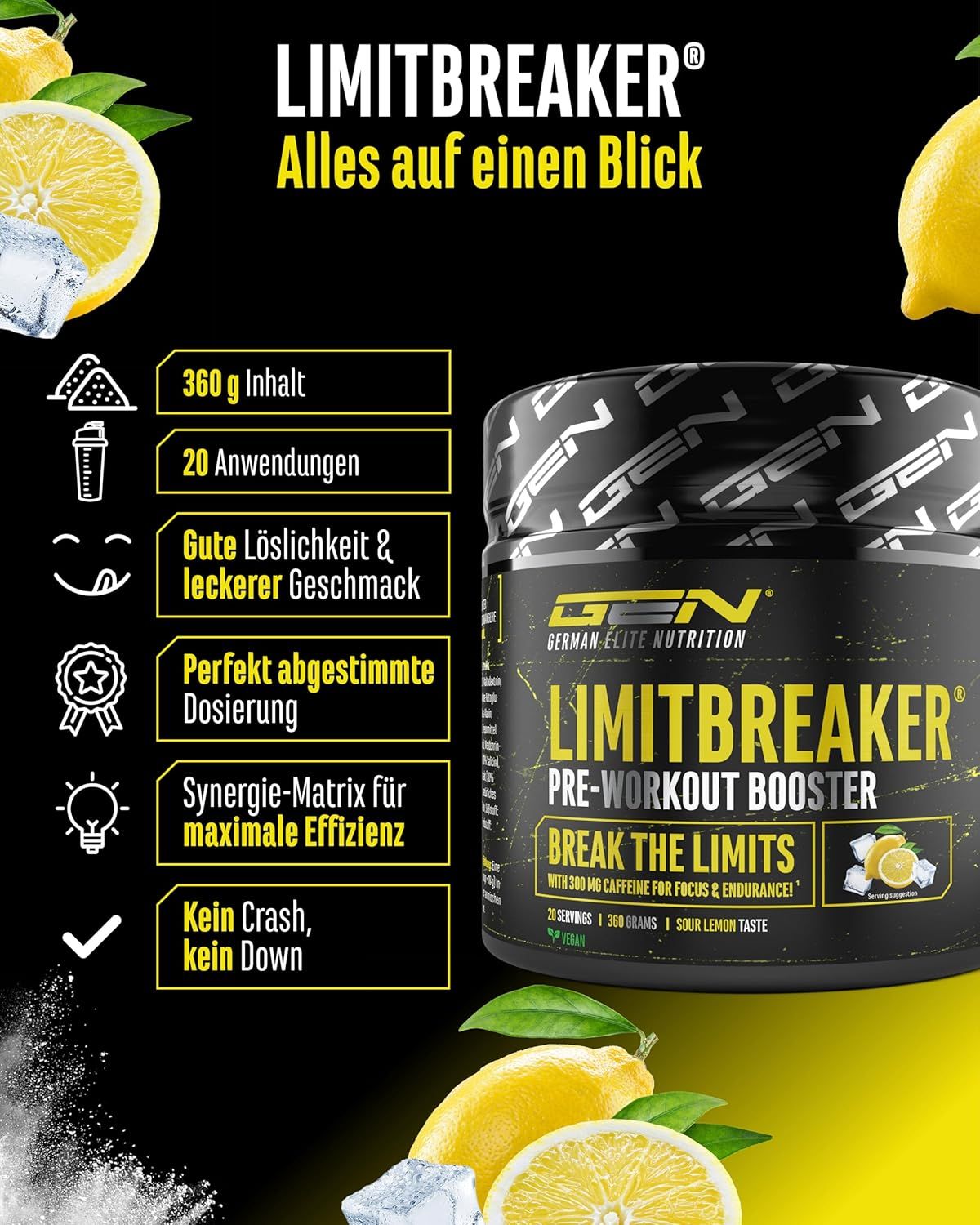 Werbebild mit Dose LIMITBREAKER und Infografik. Enthält Informationen zu Inhalt, Portionen, Geschmack und Dosierung.