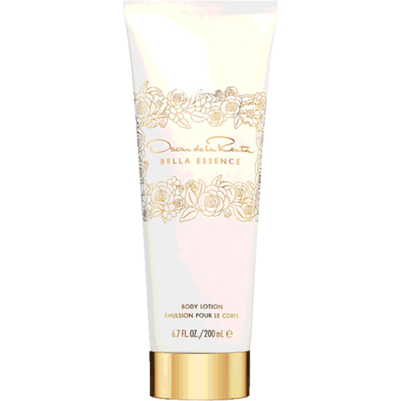 Weiße Tube mit goldenem Verschluss. Aufschrift: Oscar de la Renta Bella Essence Body Lotion. Floral-Dekor. Volumenangabe.