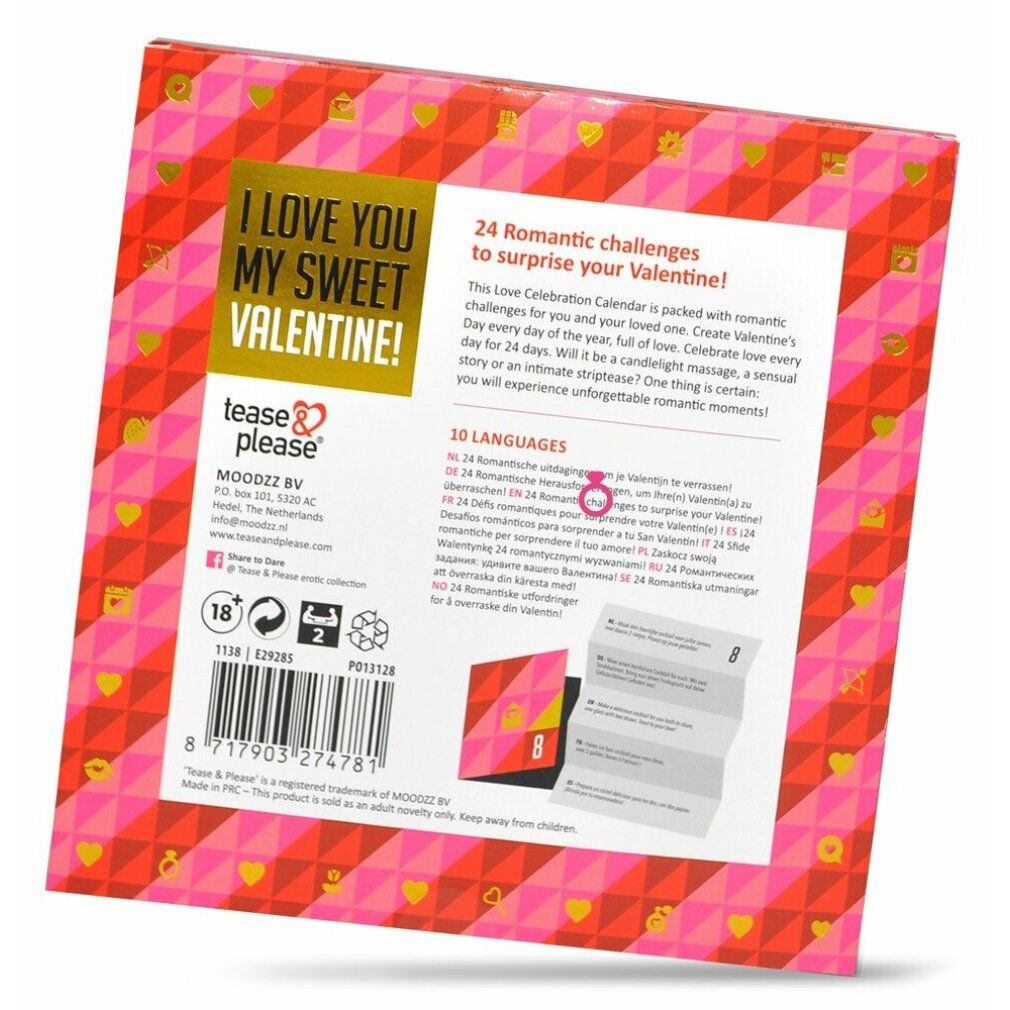 Rückseite des Adventskalenders. Text: I LOVE YOU MY SWEET VALENTINE! Marke: tease & please erotic collection. Enthält Informationen und Warnhinweise.