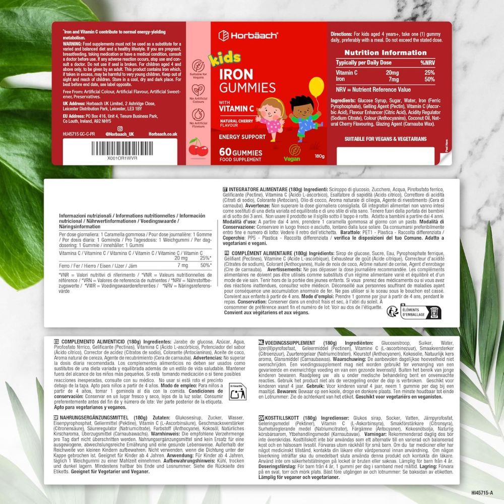 Etikett mit Nährwertangaben und Zutatenliste. Flasche mit "kids Iron Gummies". 60 Gummis.