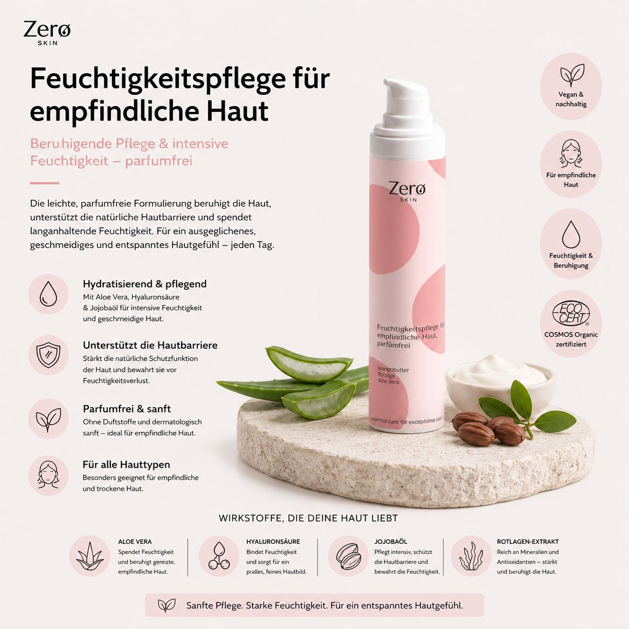Werbebild. Flasche Zero Skin, Feuchtigkeitspflege, neben Aloe Vera, Creme und Zutaten. Text.