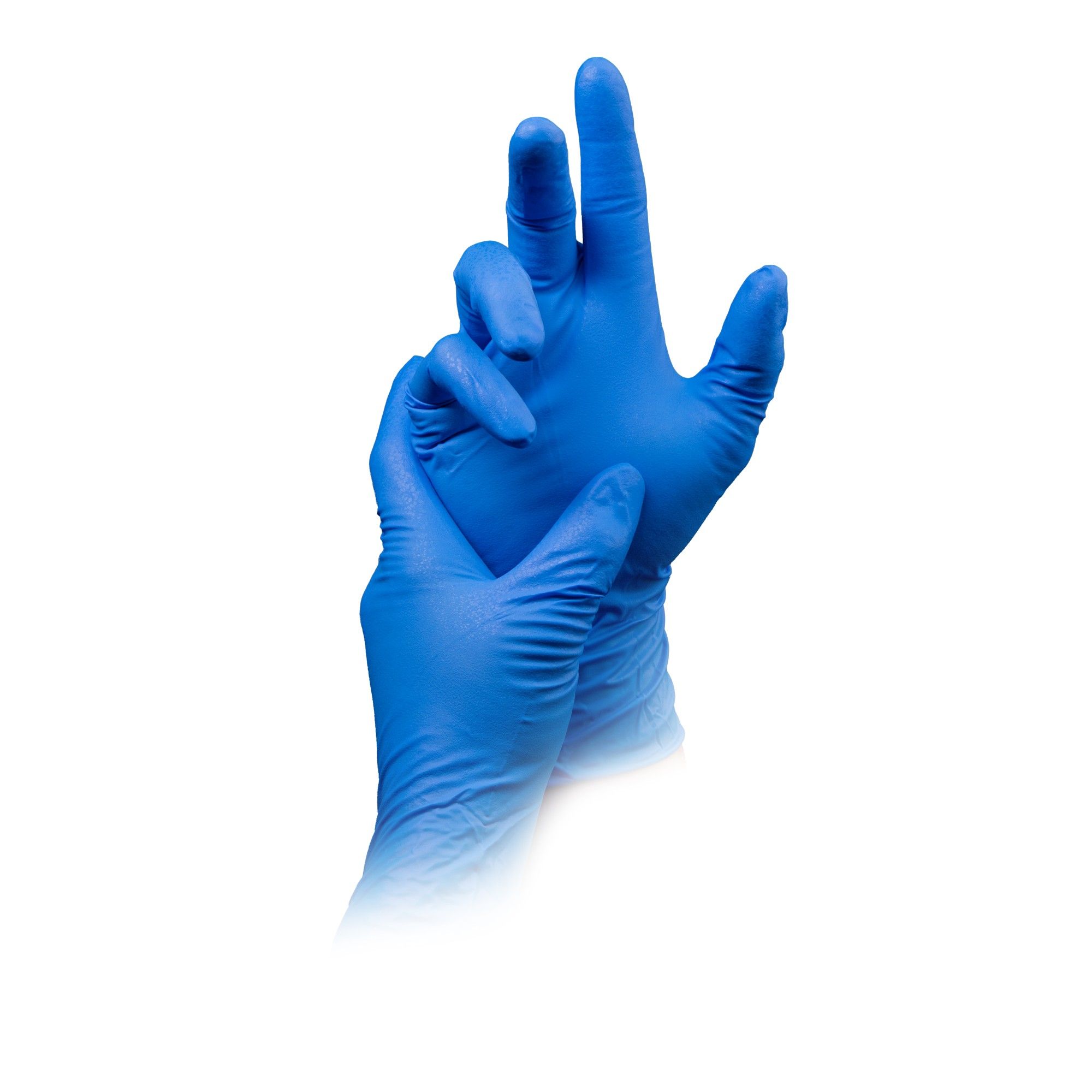 Zwei blaue Nitrilhandschuhe, die sich überlappen und die Flexibilität zeigen.