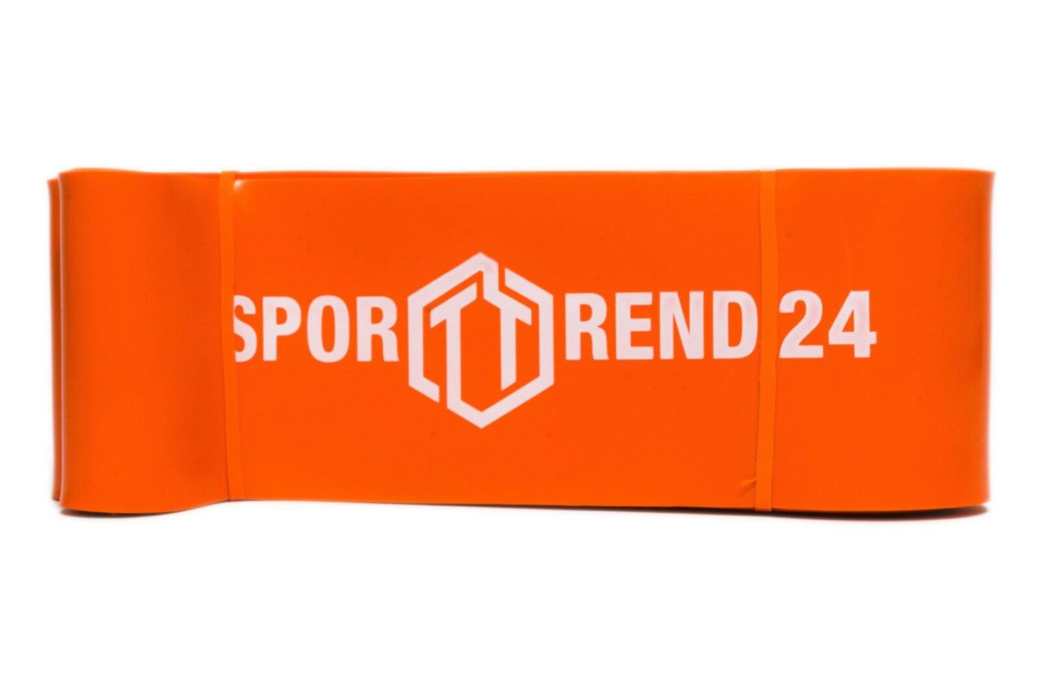 Orangefarbenes Fitnessband von Sporttrend24. Aufgedrucktes Logo. Aufgerollt.