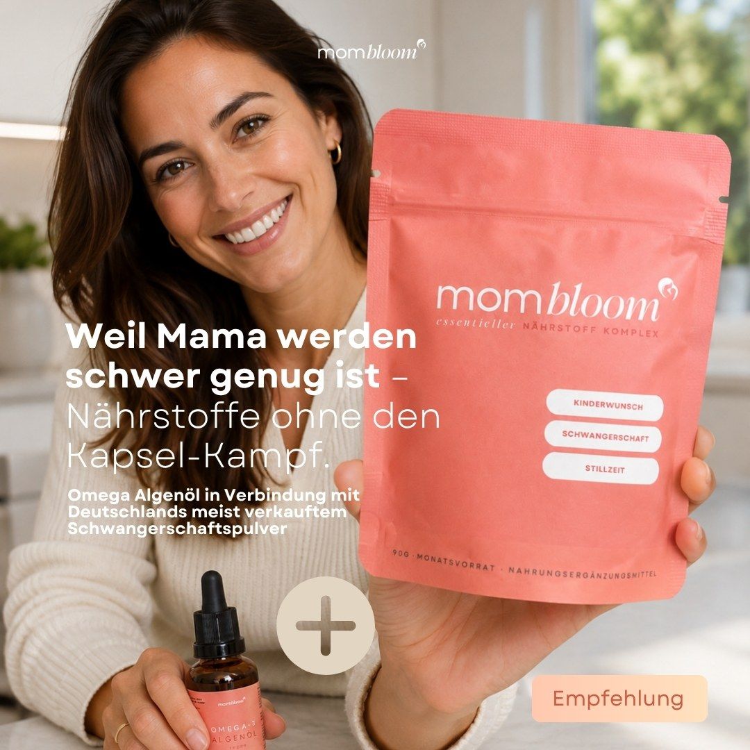 Lächelnde Frau hält Flasche Omega-3 Algenöl und eine Packung Nährstoffkomplex. "Weil Mama werden schwer genug ist".