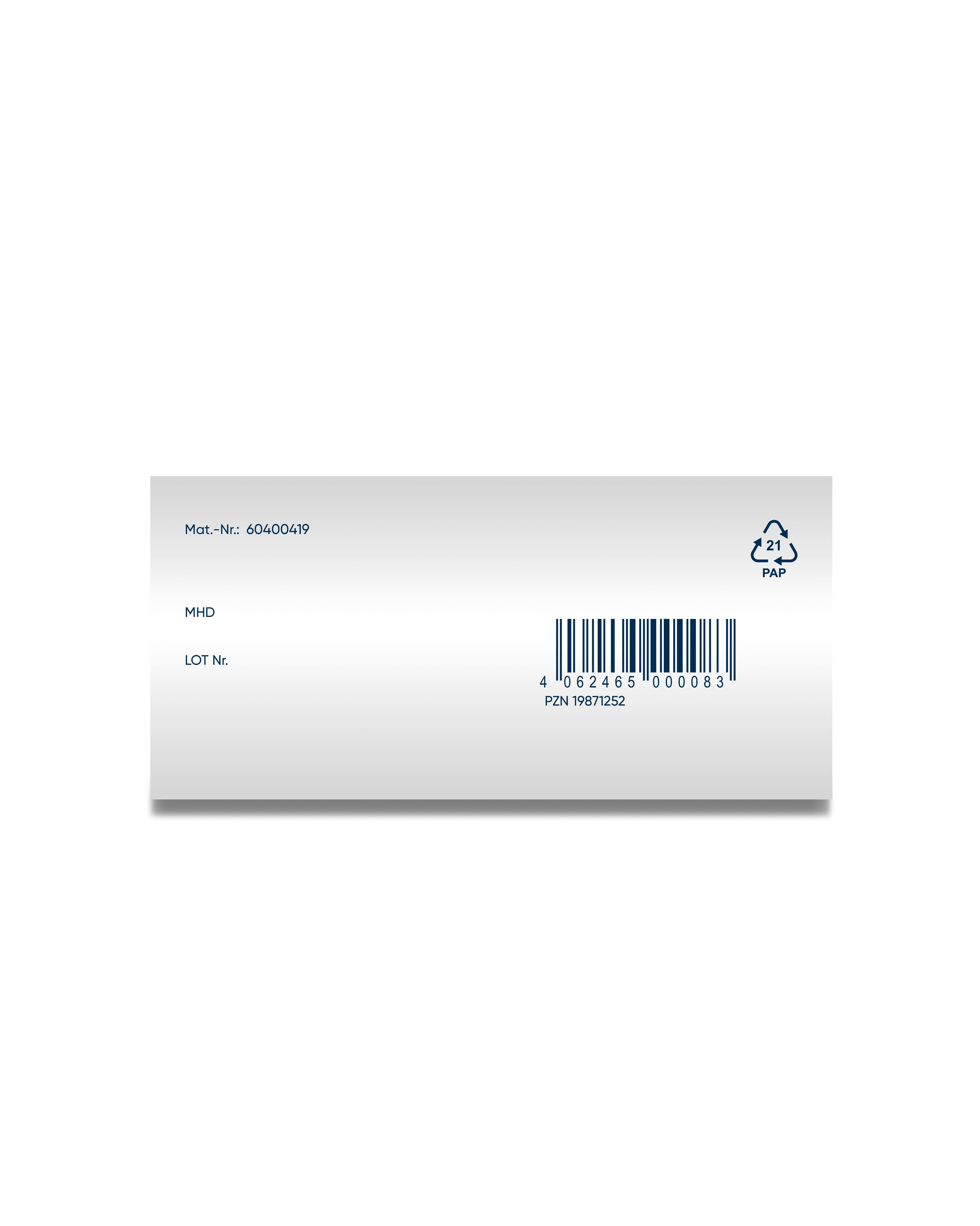 Produktverpackung. Rückseite mit Barcode, MHD und Recycling-Symbol. Weißer Hintergrund.