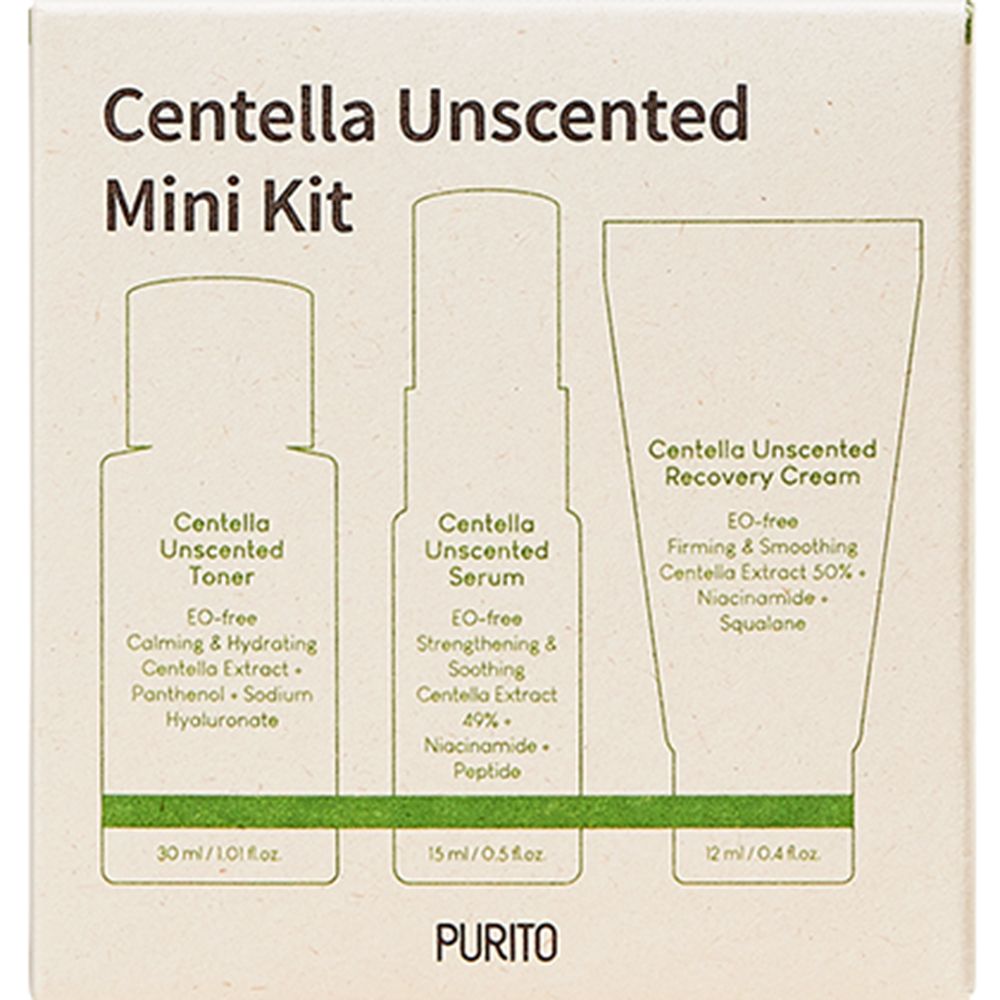 Verpackung des Mini Kits. Drei Produktabbildungen mit Namen und Inhaltsangaben. Text: Centella Unscented Mini Kit. Weißer Text auf grünem Hintergrund.