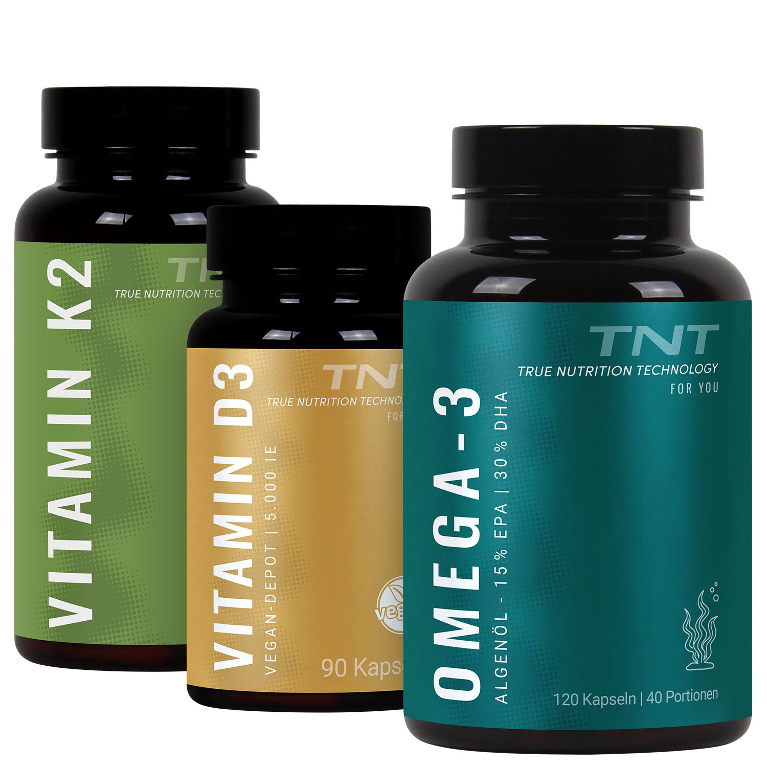 Grüne Flasche mit Vitamin K2, True Nutrition Technology.