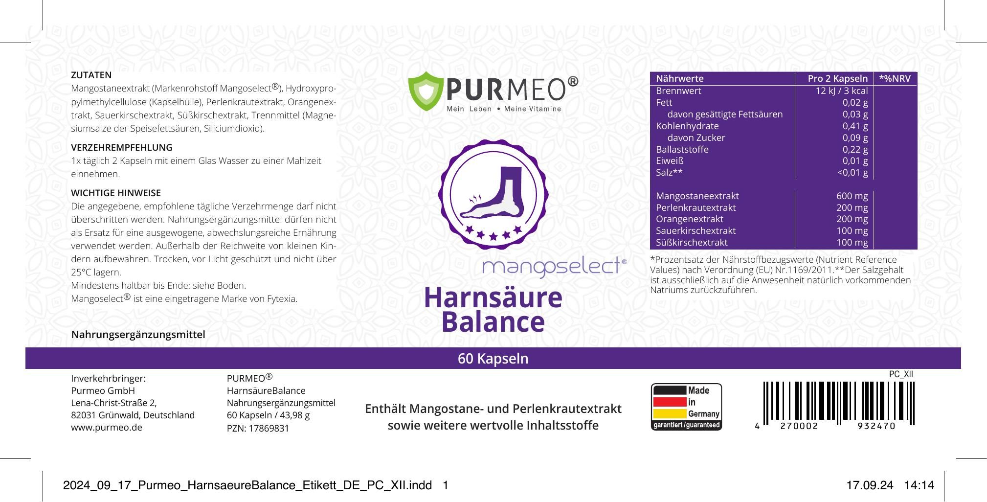 Etikett von PURMEO Harnsäure Balance. Enthält Mangostan und Perlenkraut. 60 Kapseln. Nährwerttabelle.