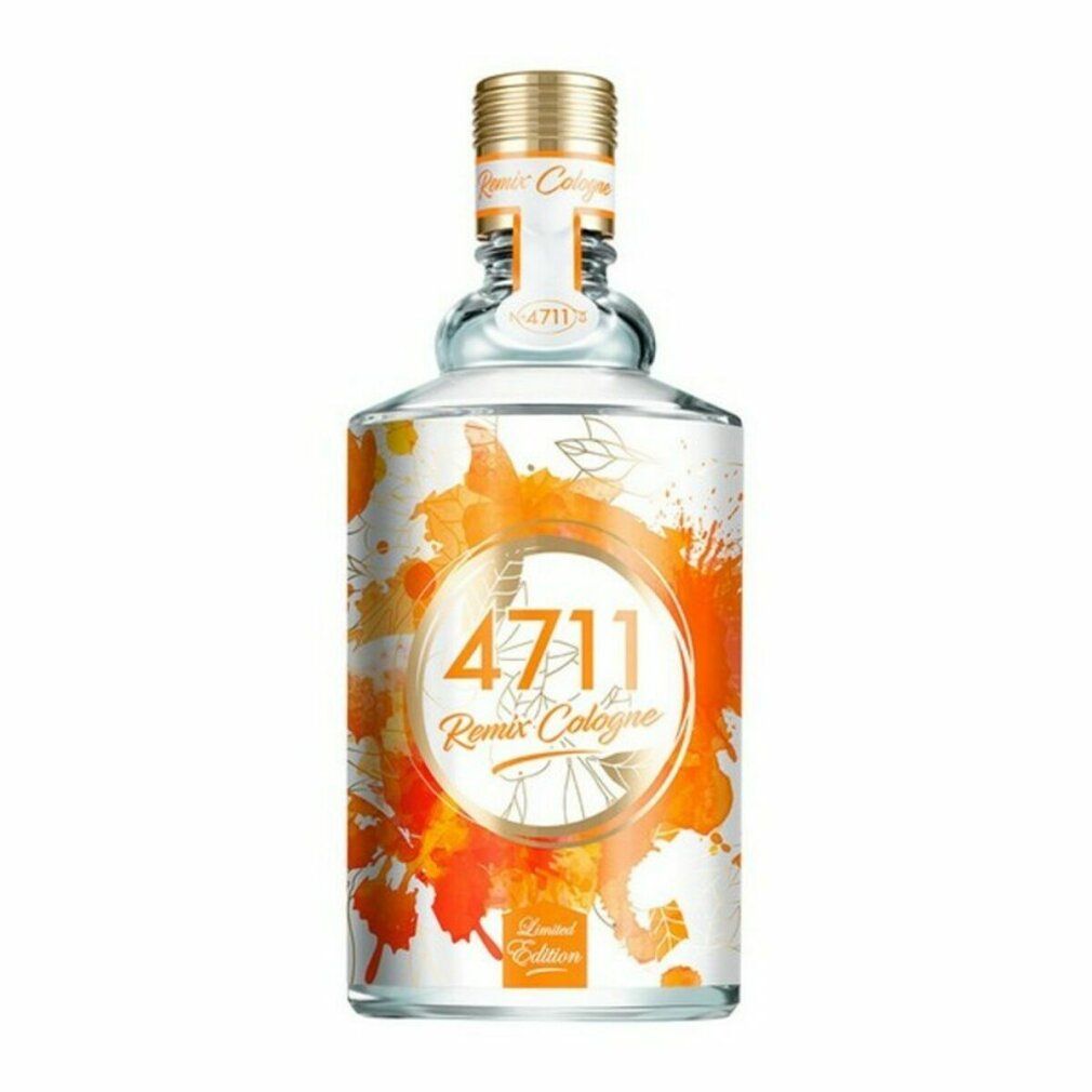 Glasflakon mit goldfarbenem Verschluss. Aufdruck: 4711 Remix Cologne, Limited Edition. Orangefarbene Farbkleckse auf weißem Hintergrund.