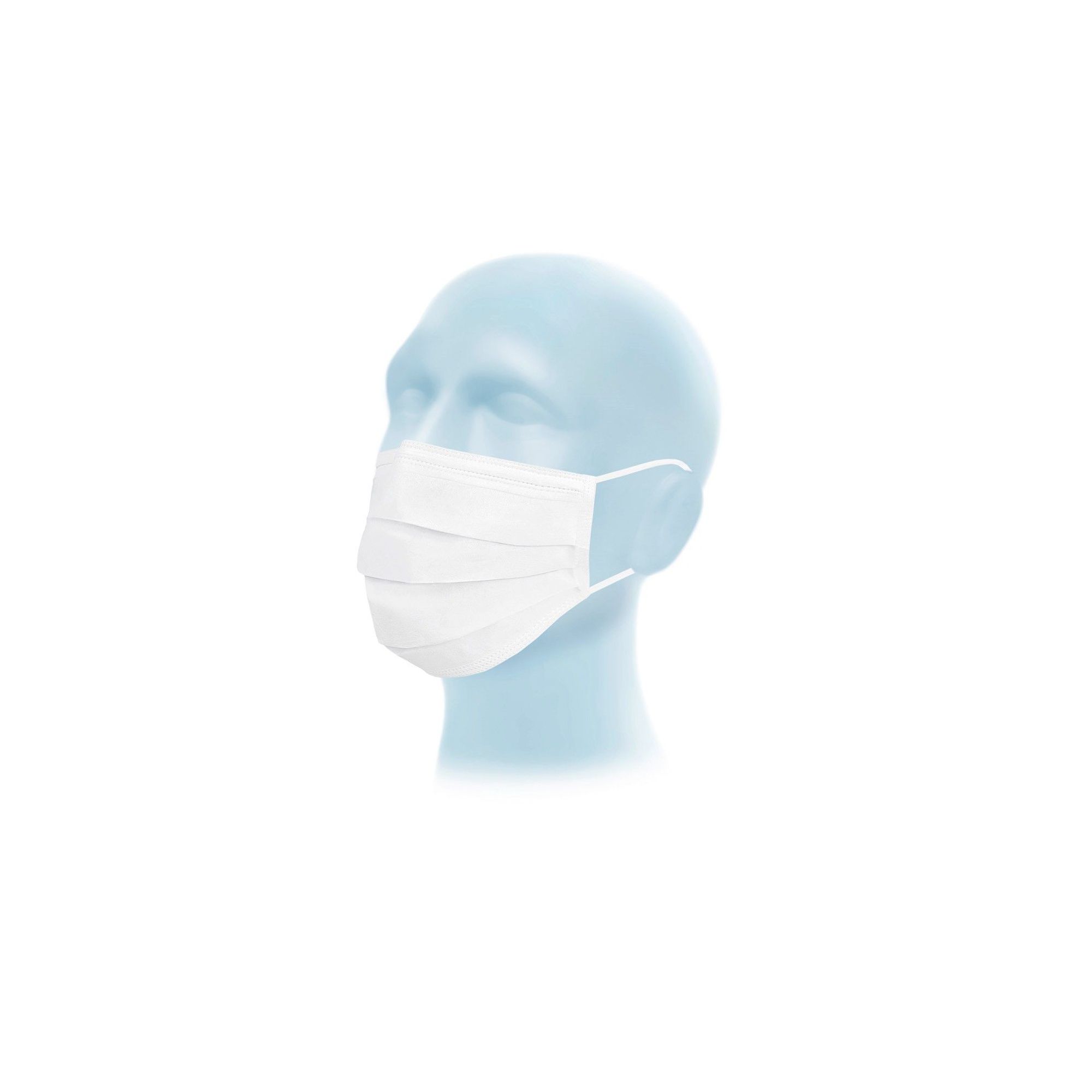 Weiße OP-Maske mit elastischen Ohrschlaufen, getragen von einem blauen Kopfmodell. Mehrlagig gefaltet.