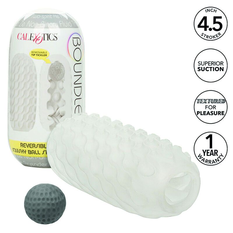 Verpackung mit Produkt und Zubehör. Text: CALEXOTICS, BOUNDLESS, REVERSIBLE SQUISHY BALL STROKER.