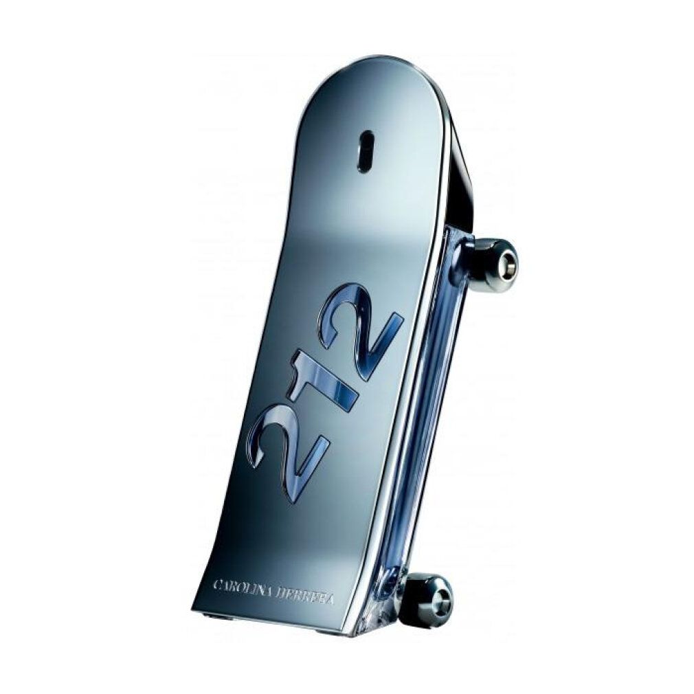 Silberfarbener Flakon in Form eines Skateboards mit der Aufschrift 212. Marke: Carolina Herrera.