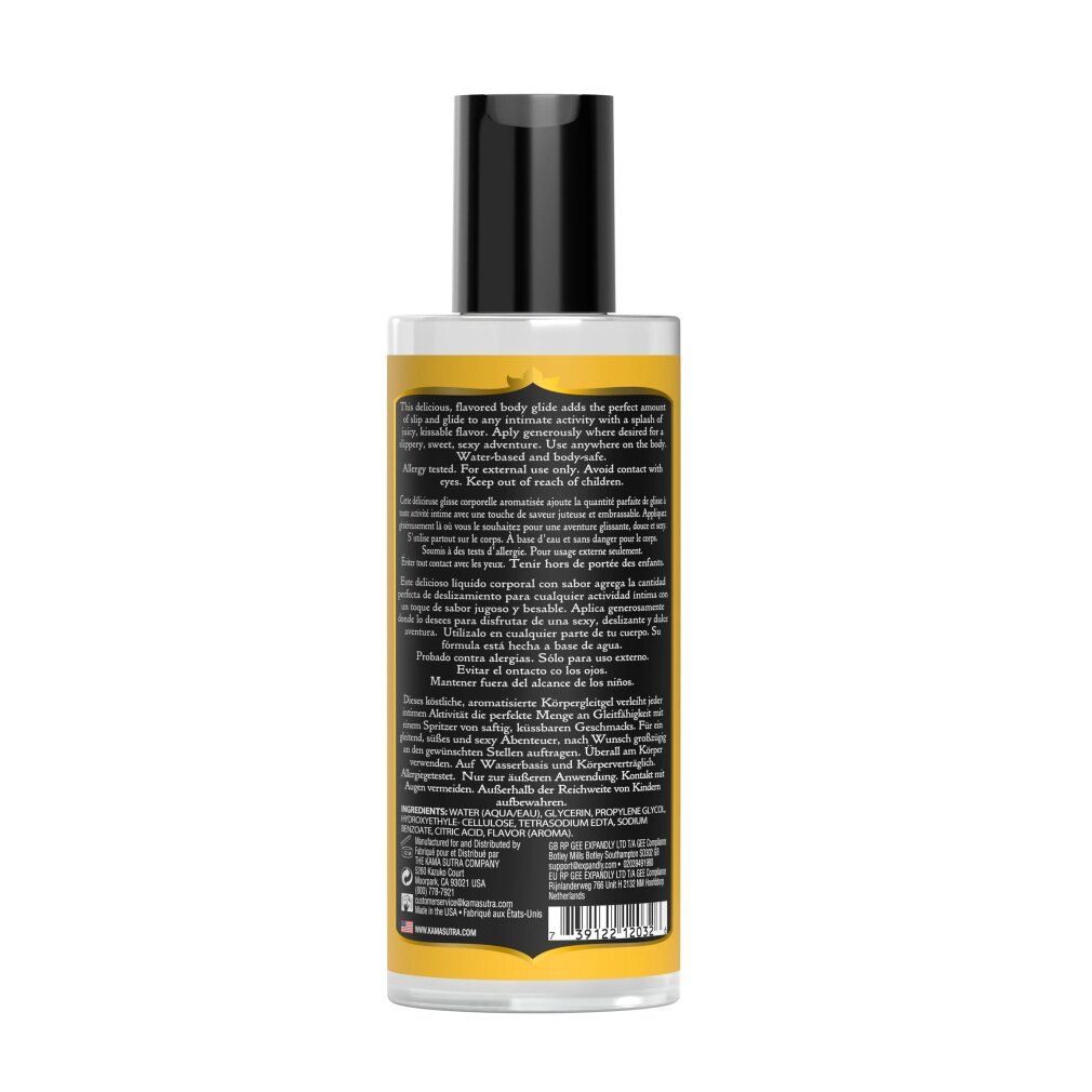 Rückseite Kamasutra Divine Nectars Rub Lick Glide Kokosnuss-Ananas Flasche mit Inhaltsstoffen.