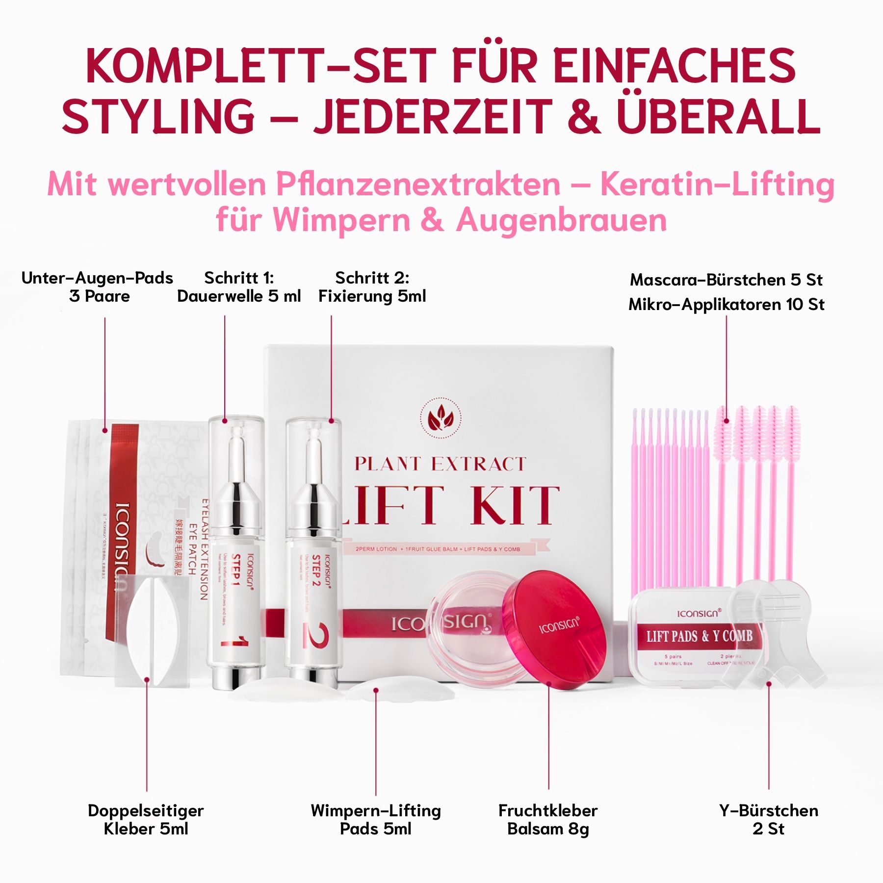 Komplett-Set für einfaches Styling. Enthält Flaschen, Pads, Bürsten, Kleber. Text: Plant Extract Lift Kit, Iconsign. Für Wimpern & Augenbrauen.