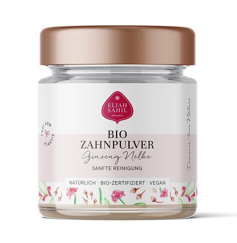Glas mit Deckel. Aufschrift: BIO ZAHNPULVER Ginseng Nelke. Logo: Eliah Sahil. Text: Sanfte Reinigung, natürlich, bio-zertifiziert, vegan.