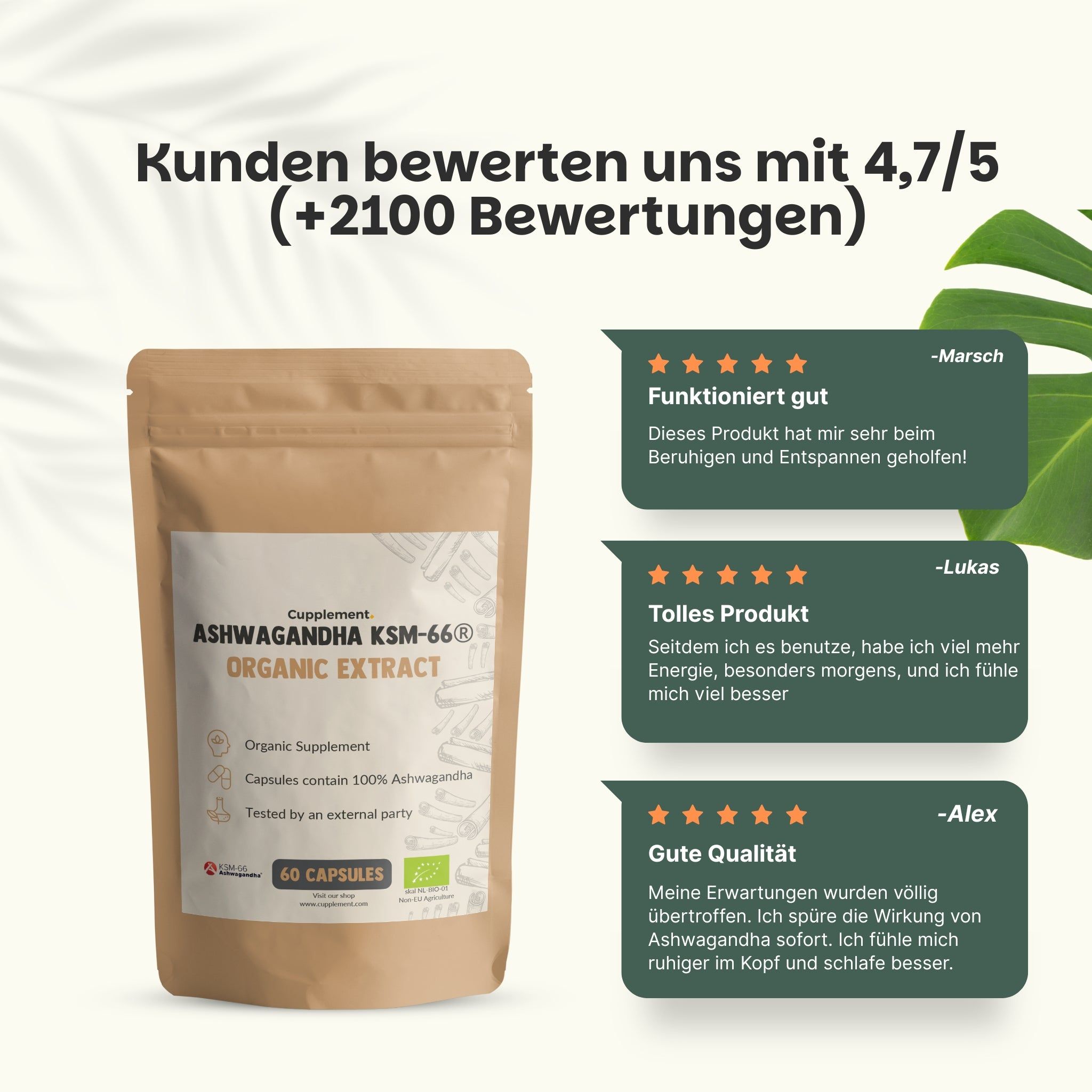 Braune Beutelverpackung mit Aufschrift: Ashwagandha KSM-66 Organic Extract. Enthält 60 Kapseln. Kundenbewertungen.