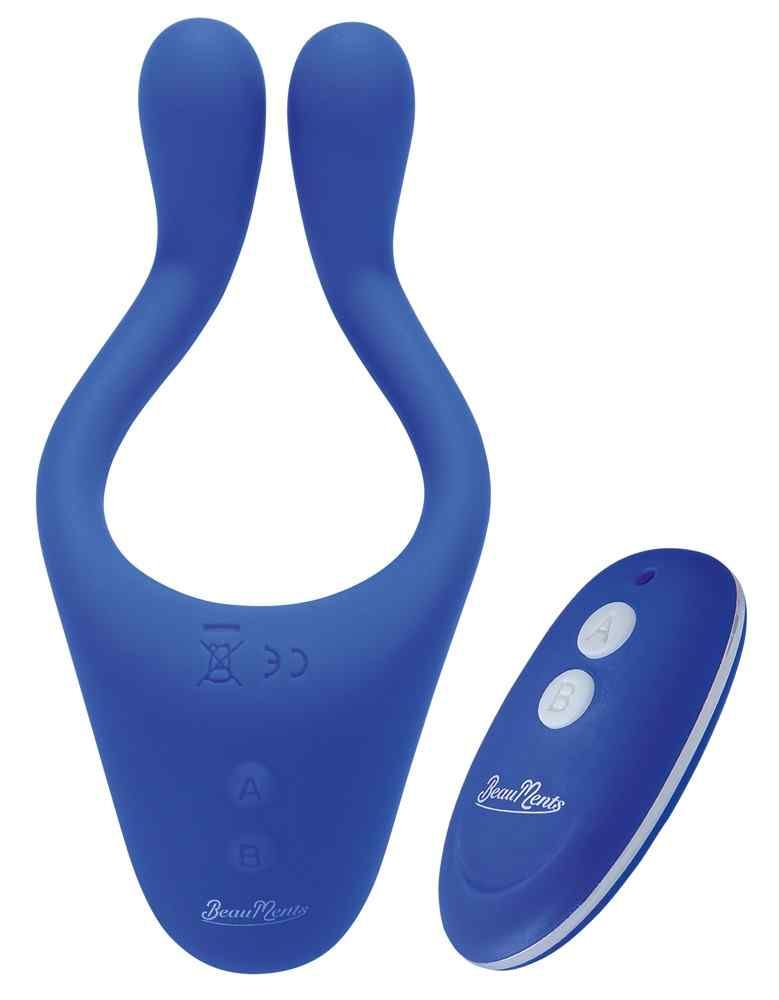 Blauer Ring mit zwei Enden und Fernbedienung. Aufschrift: BeauMents. Fernbedienung mit zwei Knöpfen.