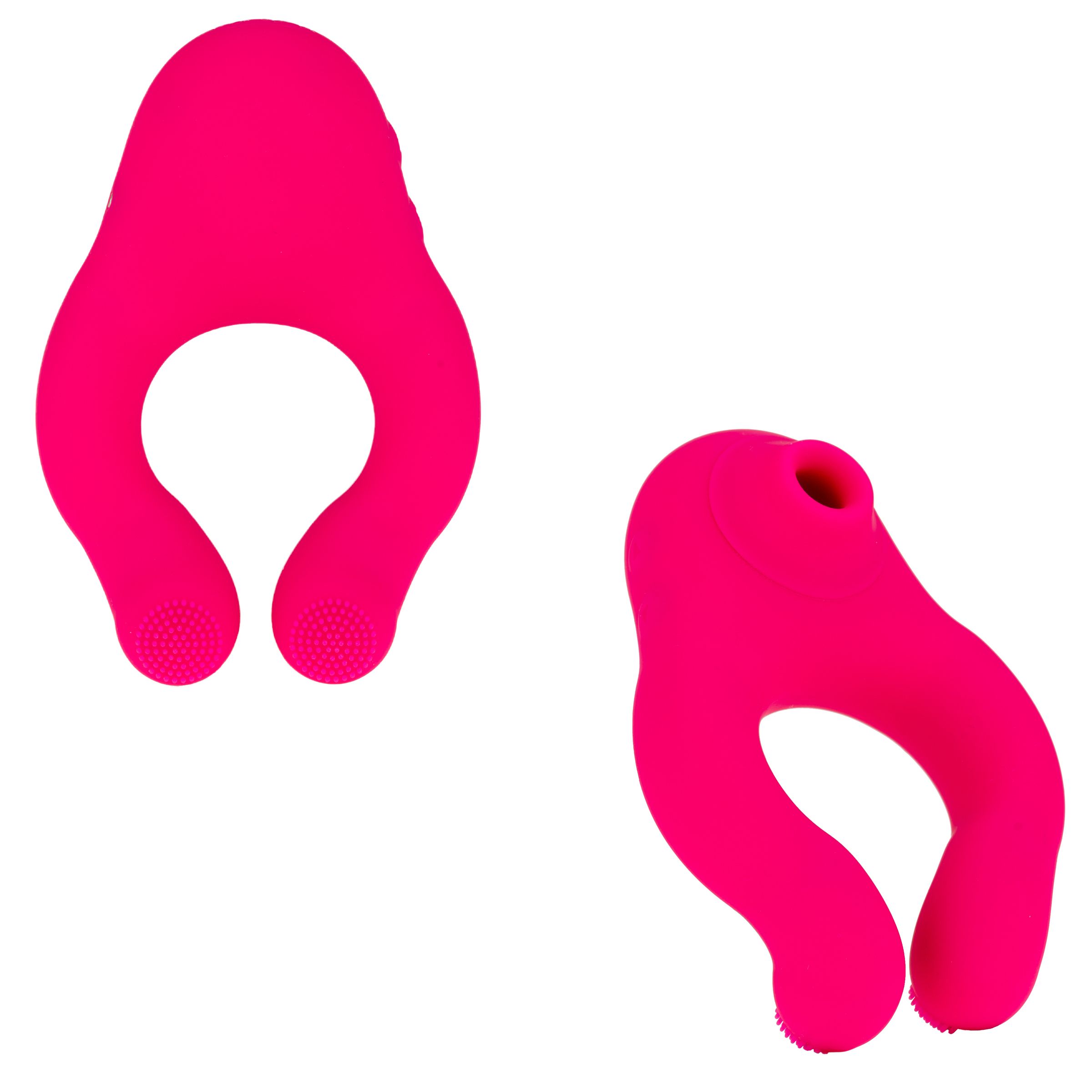 Zwei rosa Sexspielzeuge. Eines ringförmig mit Öffnung, das andere mit länglichem Schaft und Aufsatz. Beide aus weichem Material.