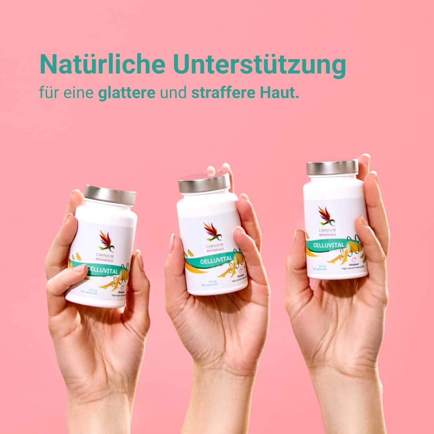 Drei Flaschen CELLUVITAL in Händen. Text: Natürliche Unterstützung für eine glattere und straffere Haut. Rosa Hintergrund.