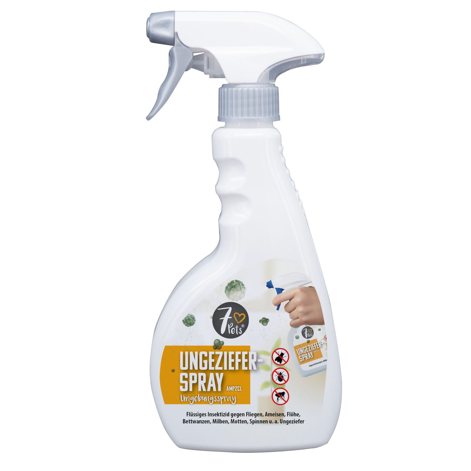 Weiße Sprühflasche mit grauem Sprühkopf. Aufschrift: 7Pets Ungeziefer Spray. Abbildungen von Insekten.