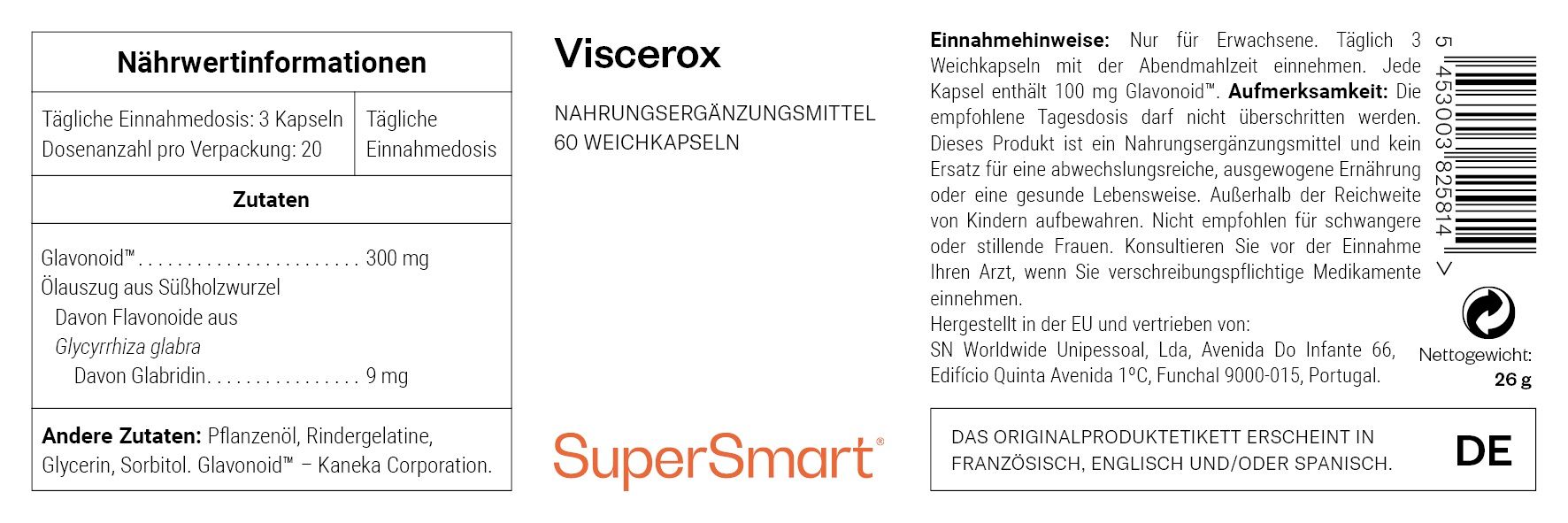 Viscerox, 60 Weichkapseln. Weißes Etikett mit Nährwertangaben, Inhaltsstoffen und SuperSmart-Logo. Text in Deutsch.