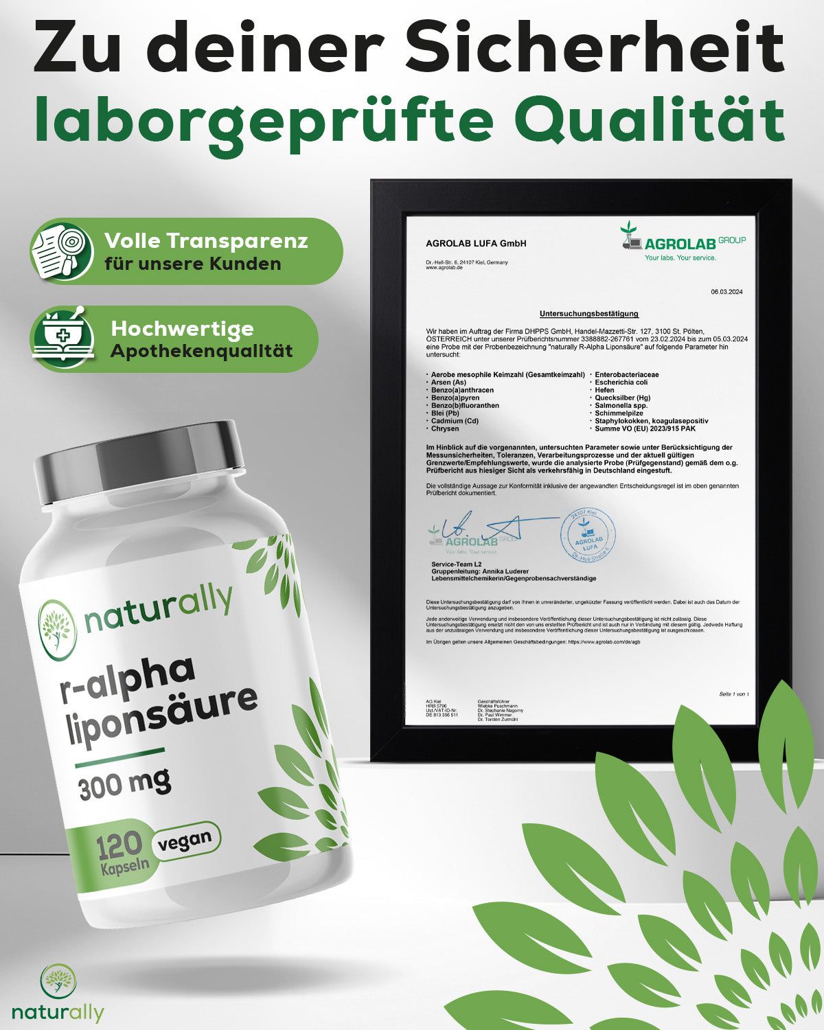 Produktbild mit Flasche und Zertifikat. Text: naturally, r-alpha liponsäure, 300 mg, 120 Kapseln, vegan. Laborgeprüfte Qualität.