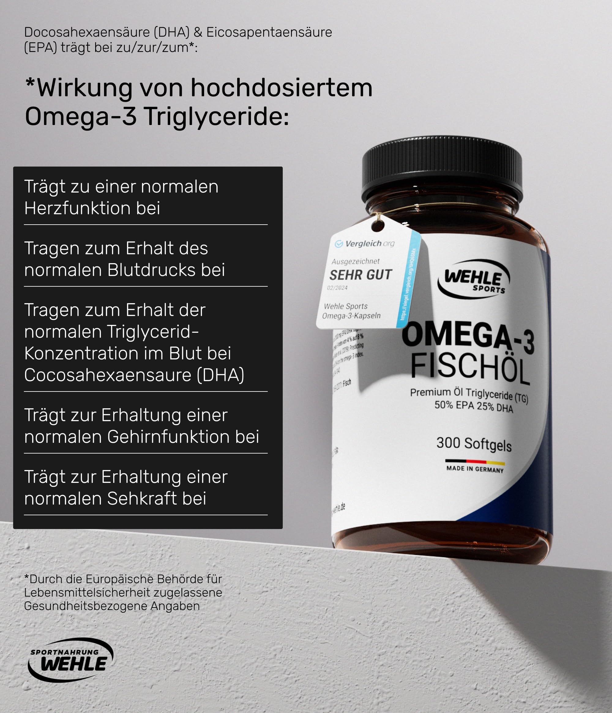 Flasche mit Omega-3-Kapseln und Text: "WEHLE SPORTS OMEGA-3 FISCHÖL". Text über Vorteile und Inhaltsstoffe.