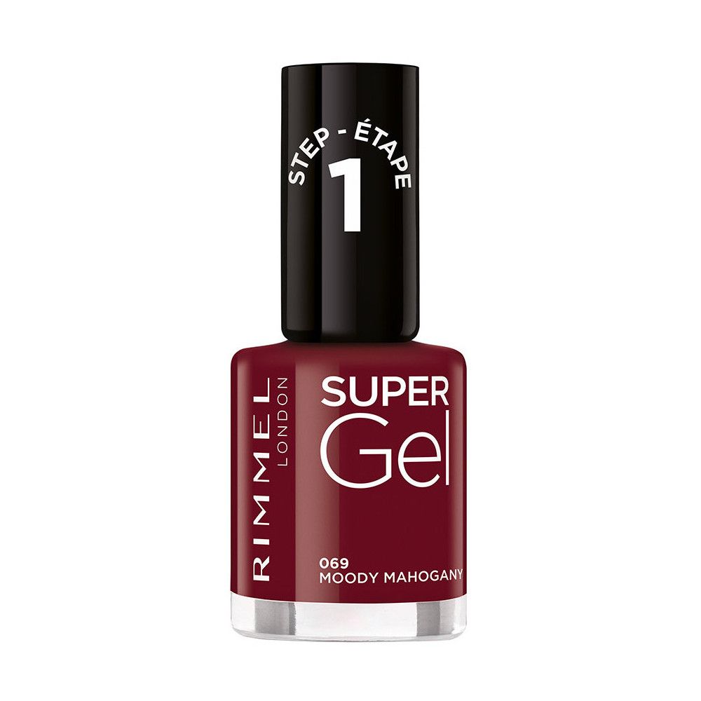 Rimmel Super Gel Nagellack. Flasche mit dunkelrotem Nagellack. Schwarzer Deckel mit weißer Aufschrift. Aufschrift: Super Gel, 069 Moody Mahogany.