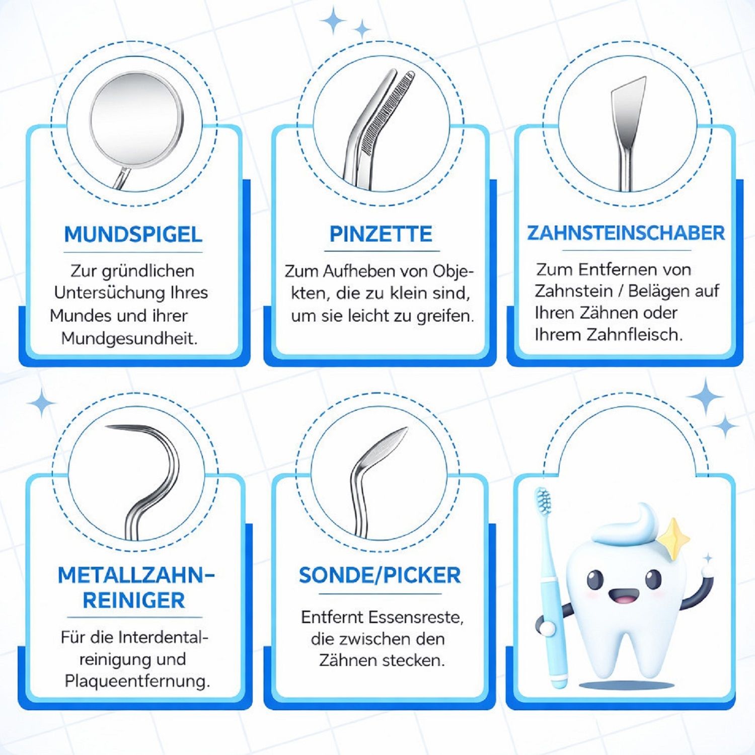 Infografik mit 6 Zahnwerkzeugen. Beschriftungen: Mundspiegel, Pinzette, Zahnstein-Schaber, Metallzahnreiniger, Sonde/Picker, Zahnbürste.
