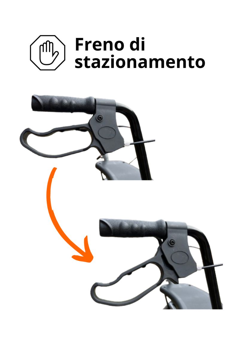 Detailansicht der Handgriffe eines Rollators. Schwarze Griffe mit Bremshebeln. Text: „Freno di stazionamento“.