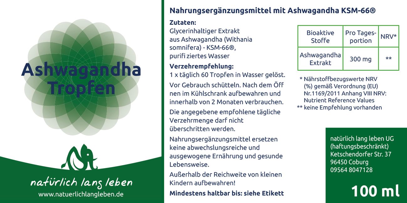 natürlich lang leben Ashwagandha Extrakt Tropfen vegan 100 ml