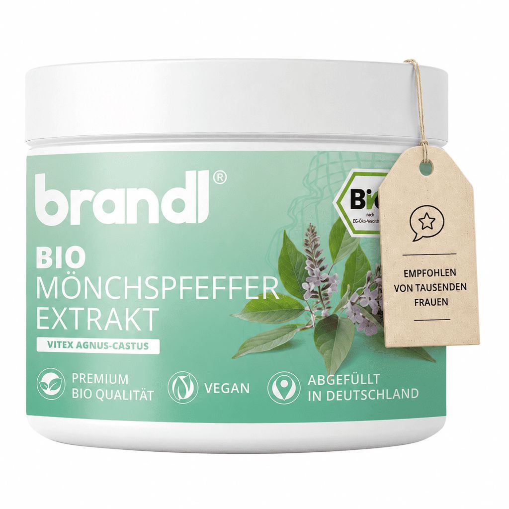 Weißes Glas "brandl® Bio Mönchspfeffer Extrakt" mit Anhänger. Text: Premium Bio Qualität, vegan, Abgefüllt in Deutschland.