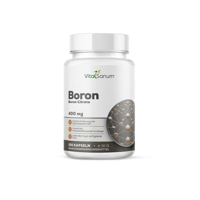 Weiße Flasche mit "VitaSanum Boron Citrate 400 mg" Etikett. Enthält 100 Kapseln. Abbildung von Molekülen.