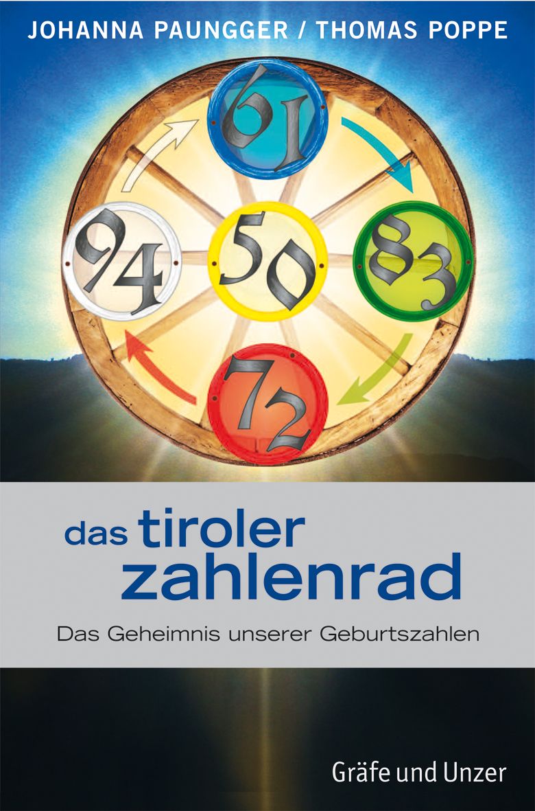 Buchcover: "Das Tiroler Zahlenrad". Titel in blau, Zahlenrad mit Zahlen in Kreisen. Autoren: Johanna Paungger, Thomas Poppe.