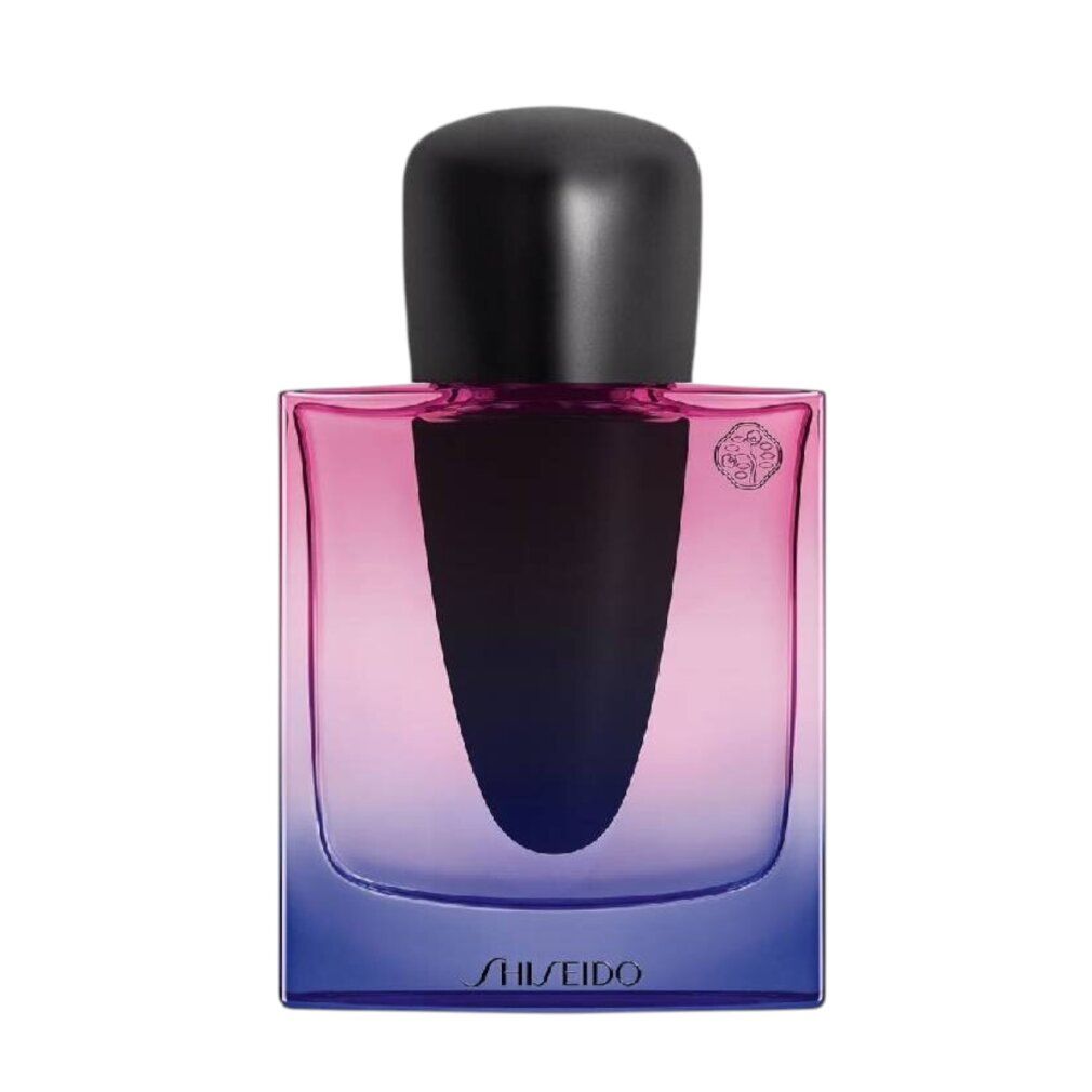 Flasche mit Farbverlauf von Blau nach Pink. Schwarzer Verschluss. SHISEIDO-Logo unten. Quadratische Form.