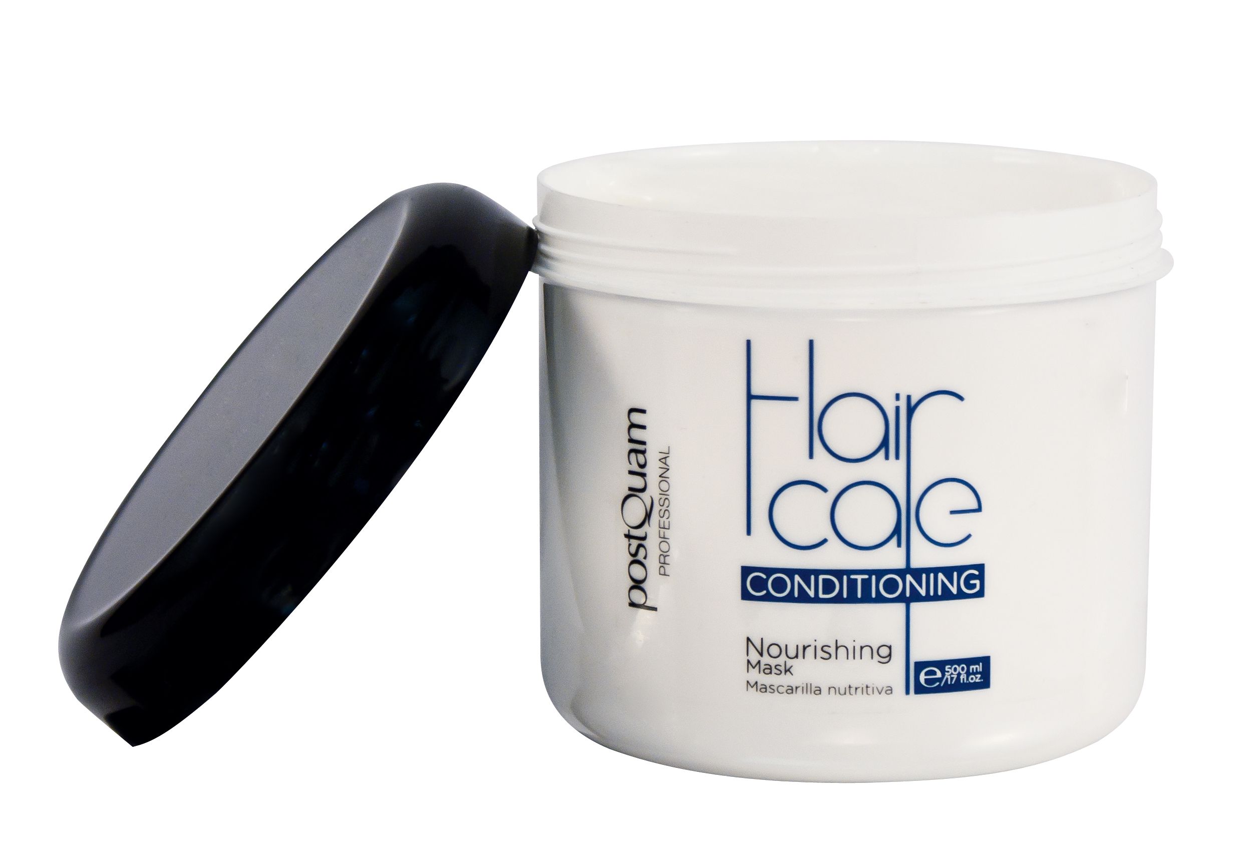 Weißer Tiegel mit schwarzem Deckel daneben. Aufschrift: Hair Care Conditioning, Nourishing Mask. Marke: Postquam.