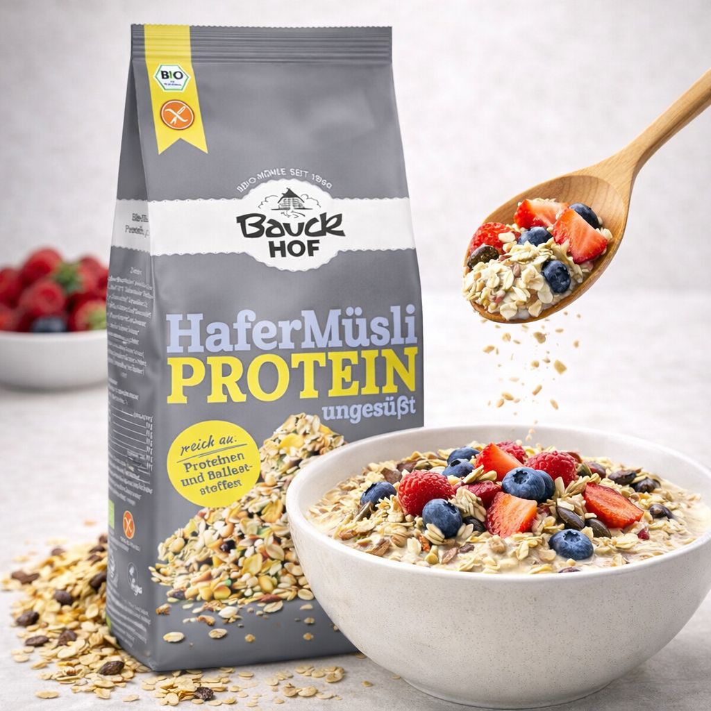 Bauckhof Haferflocken Protein Sport Müsli, glutenfrei, mit Beeren garniert, in Schüssel und Löffel.