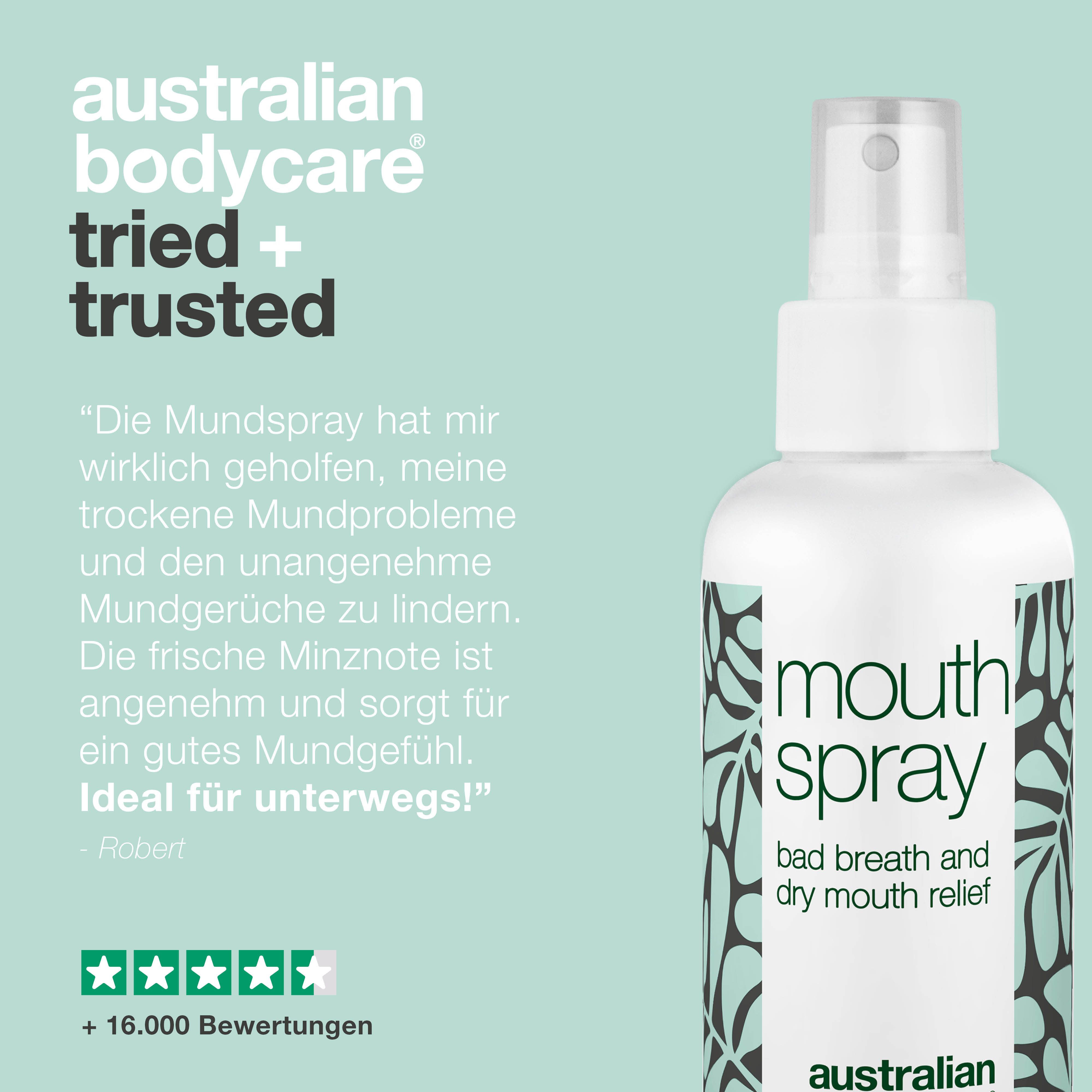 Mundspray-Flasche mit Text: Australian Bodycare tried + trusted. Text: mouth spray, bad breath and dry mouth relief.