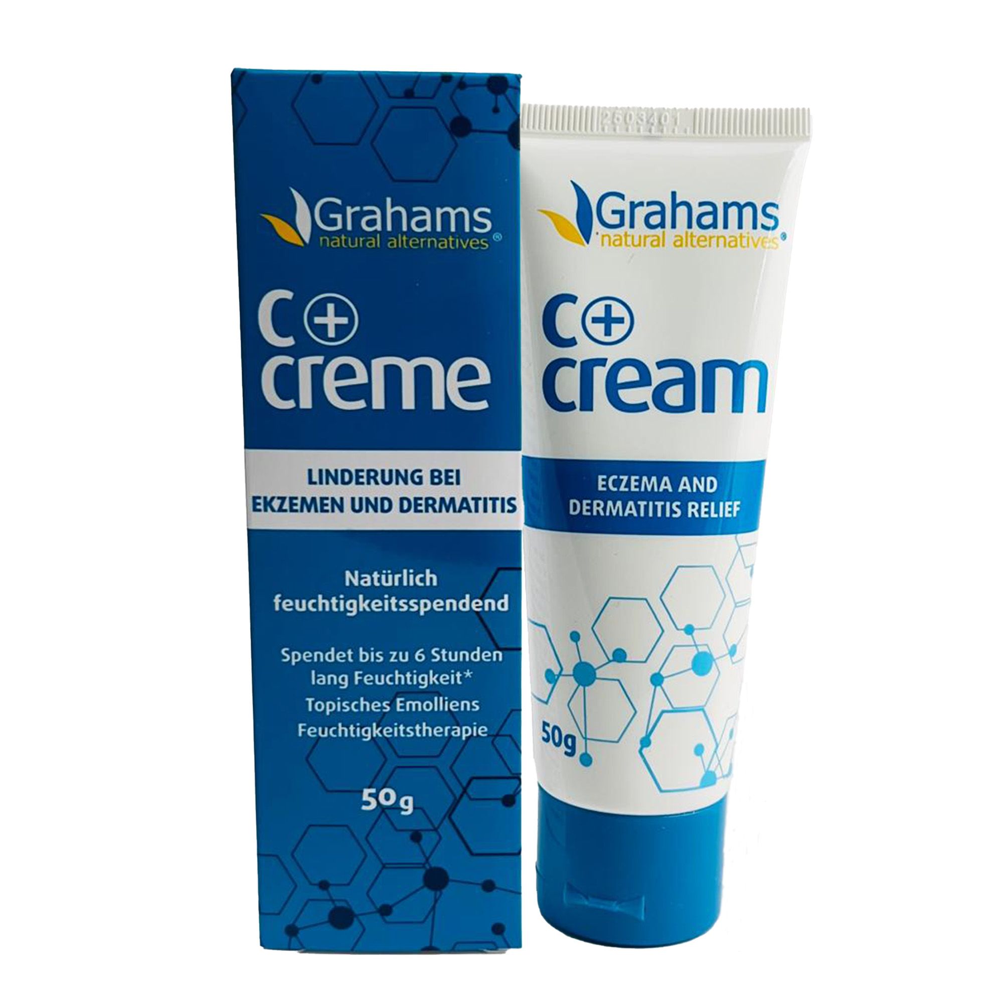 Grahams C+ Creme und Verpackung. Tube und Schachtel mit Produktinformationen. Text: Linderung bei Ekzemen und Dermatitis.