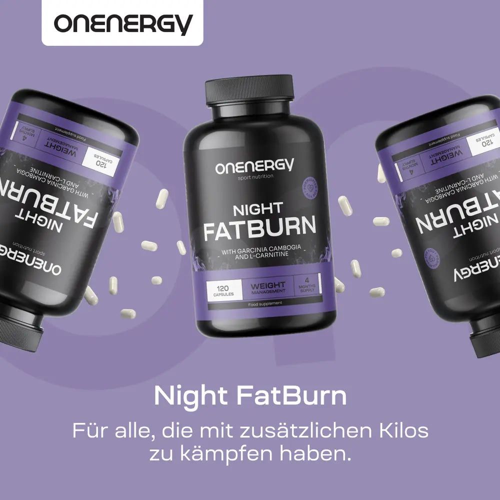 Drei Flaschen ONENERGY Night FatBurn. Kapseln. Text: Für alle, die mit zusätzlichen Kilos zu kämpfen haben.